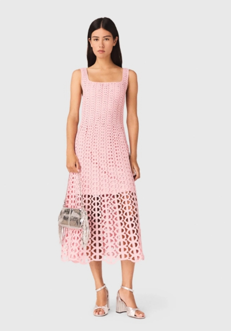 💖Maje Pink Crochet Sleeveless Midi Dress Square Neck Cutout Lace - Picture 1 of 9